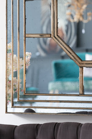 English Elm 48"x48" Layered Mirrored Frame Square Wall Mirror Weathered Gold Glam Living Room W2078126897