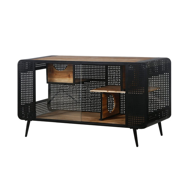 English Elm 55.12 Inch Fir Wood Iron Frame Cat Enclosure with Tempered Glass Doors for Home W757119335