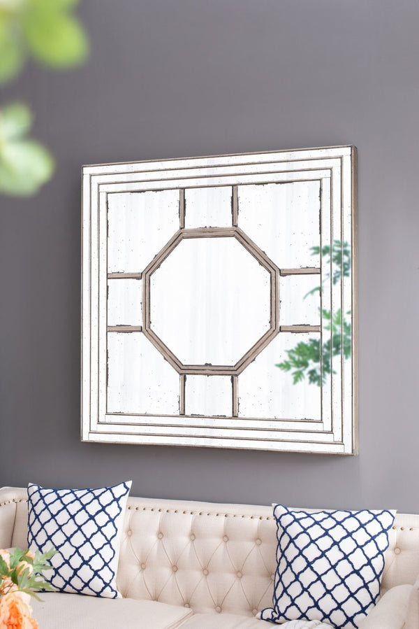English Elm 48"x48" Layered Mirrored Frame Square Wall Mirror Weathered Gold Glam Living Room W2078126897