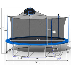 English Elm 16ft Outdoor Trampoline with Safety Enclosure Basketball Hoop Ladder Galvanized Frame W285S00021