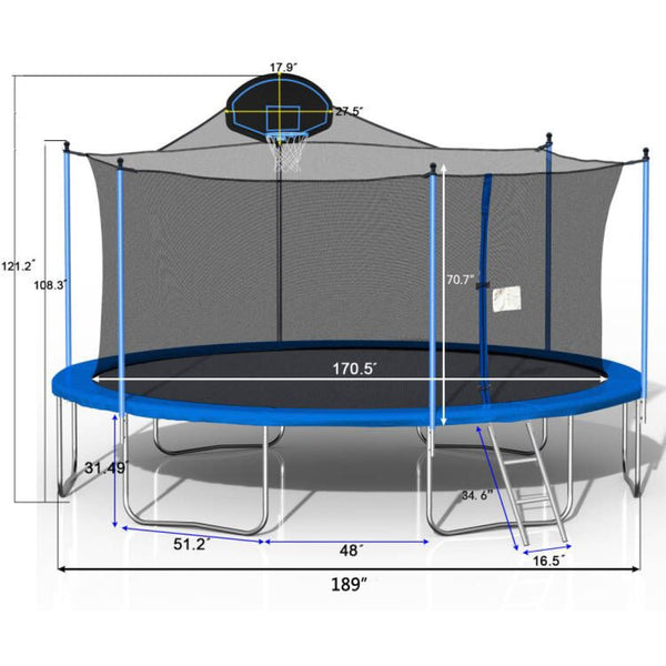 English Elm 16ft Outdoor Trampoline with Safety Enclosure Basketball Hoop Ladder Galvanized Frame W285S00021