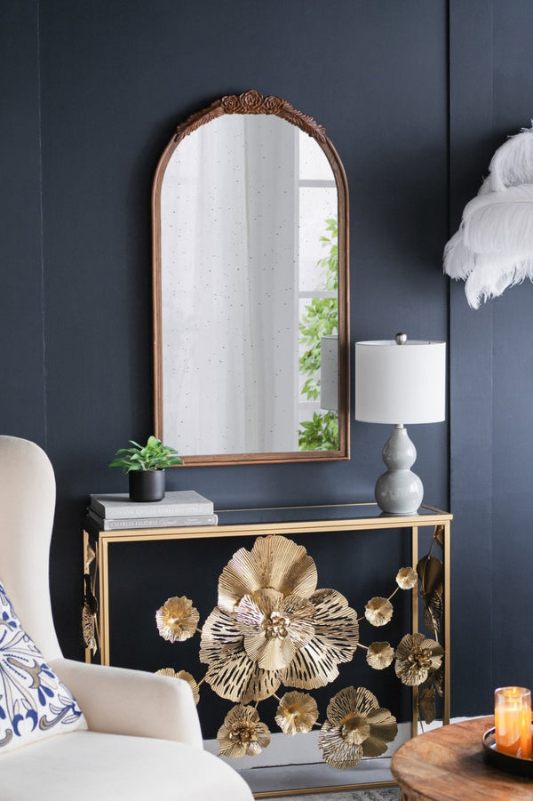English Elm 23" Arched Wood Wall Mirror Hand Carved Rose Detail Antiqued Glass Entryway Accent Brown W2078126747