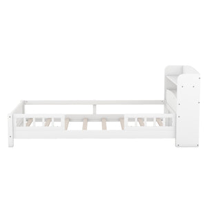 English Elm Wood Twin Platform Bed with LED Headboard Light, Built-In Storage Shelves and Safety Guardrail 93 White WF308150AAK