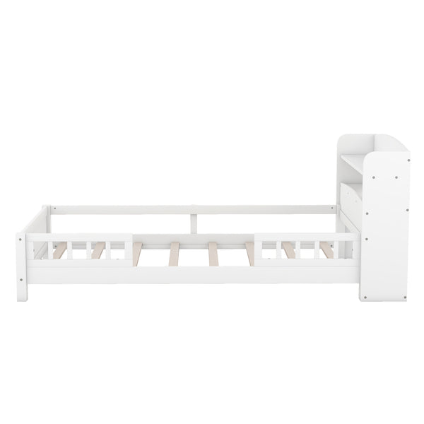 English Elm Wood Twin Platform Bed with LED Headboard Light, Built-In Storage Shelves and Safety Guardrail 93 White WF308150AAK