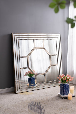 English Elm 48"x48" Layered Mirrored Frame Square Wall Mirror Weathered Gold Glam Living Room W2078126897