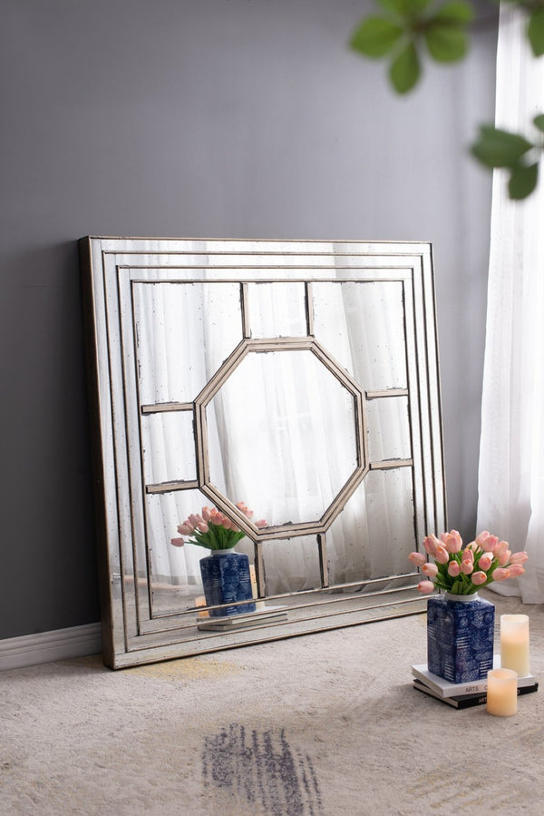 English Elm 48"x48" Layered Mirrored Frame Square Wall Mirror Weathered Gold Glam Living Room W2078126897