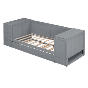 English Elm Twin Twin Size Daybed with Trundle, Storage Drawers and USB Charging Ports — Space-Saving Design Grey GX000349AAE