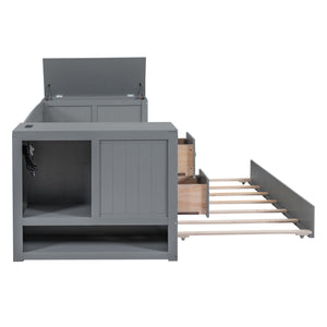 English Elm Twin Twin Size Daybed with Trundle, Storage Drawers and USB Charging Ports — Space-Saving Design Grey GX000349AAE