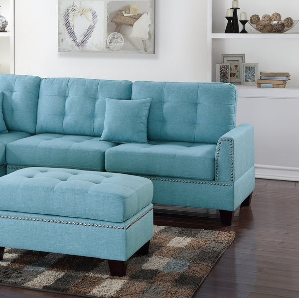English Elm Modern Blue 3-Piece Reversible Sectional Sofa with Tufted Cushions, Nickel Stud Trim & Ottoman, Plush Comfort B011S00472