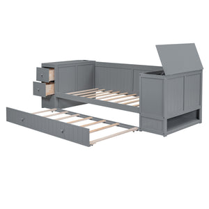 English Elm Twin Twin Size Daybed with Trundle, Storage Drawers and USB Charging Ports — Space-Saving Design Grey GX000349AAE