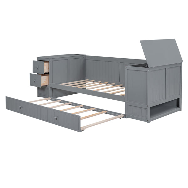 English Elm Twin Twin Size Daybed with Trundle, Storage Drawers and USB Charging Ports — Space-Saving Design Grey GX000349AAE