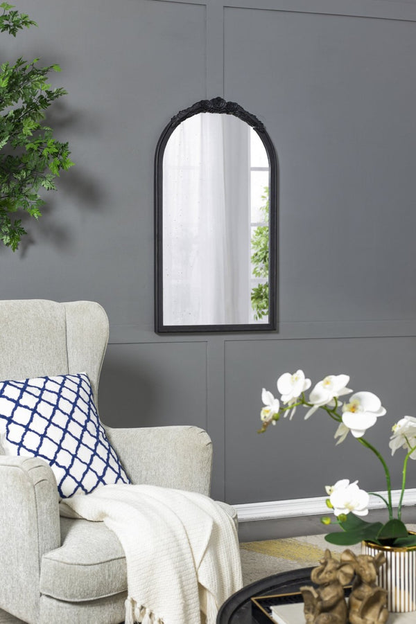 English Elm 23" Arched Wood Wall Mirror Hand Carved Rose Detail Antiqued Glass Entryway Accent Black W2078126746