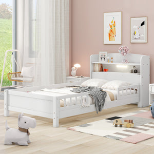 English Elm Wood Twin Platform Bed with LED Headboard Light, Built-In Storage Shelves and Safety Guardrail 93 White WF308150AAK