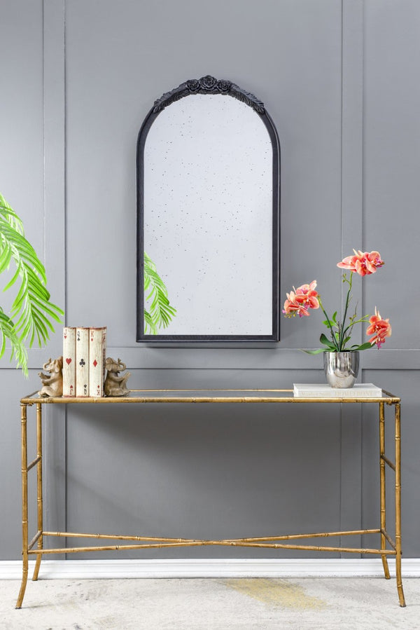 English Elm 23" Arched Wood Wall Mirror Hand Carved Rose Detail Antiqued Glass Entryway Accent Black W2078126746