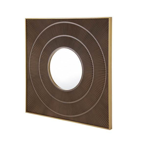 English Elm 40" Square Carved Pleated Wall Mirror Gold Iron Frame Sculptural Living Room Accent Brown W2078126759