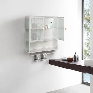 English Elm 23.62"Glass Modern Two-Door Wall Cabinet with Fluted Tempered Glass, Open Shelf, Towel Rack, White, Sleek Storage W757119332