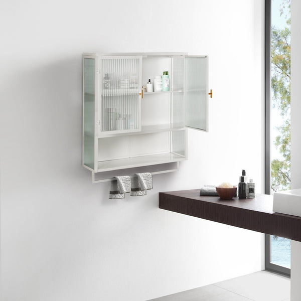 English Elm 23.62"Glass Modern Two-Door Wall Cabinet with Fluted Tempered Glass, Open Shelf, Towel Rack, White, Sleek Storage W757119332