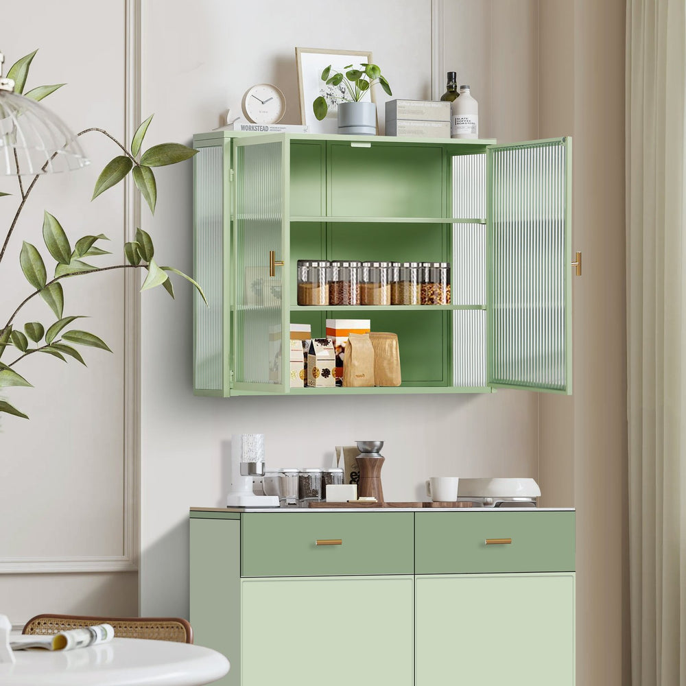 English Elm 27.56"Glass Modern Two-Door Wall Cabinet With Three-Tier Storage For Stylish Small Space Solutions W757119325