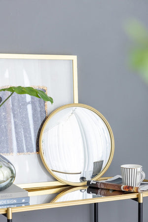 English Elm D15" Gold Iron Frame Convex Round Wall Mirror Sculptural Accent for Any Room W2078126760