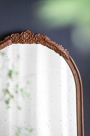 English Elm 23" Arched Wood Wall Mirror Hand Carved Rose Detail Antiqued Glass Entryway Accent Brown W2078126747