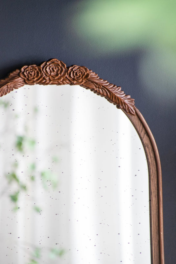 English Elm 23" Arched Wood Wall Mirror Hand Carved Rose Detail Antiqued Glass Entryway Accent Brown W2078126747