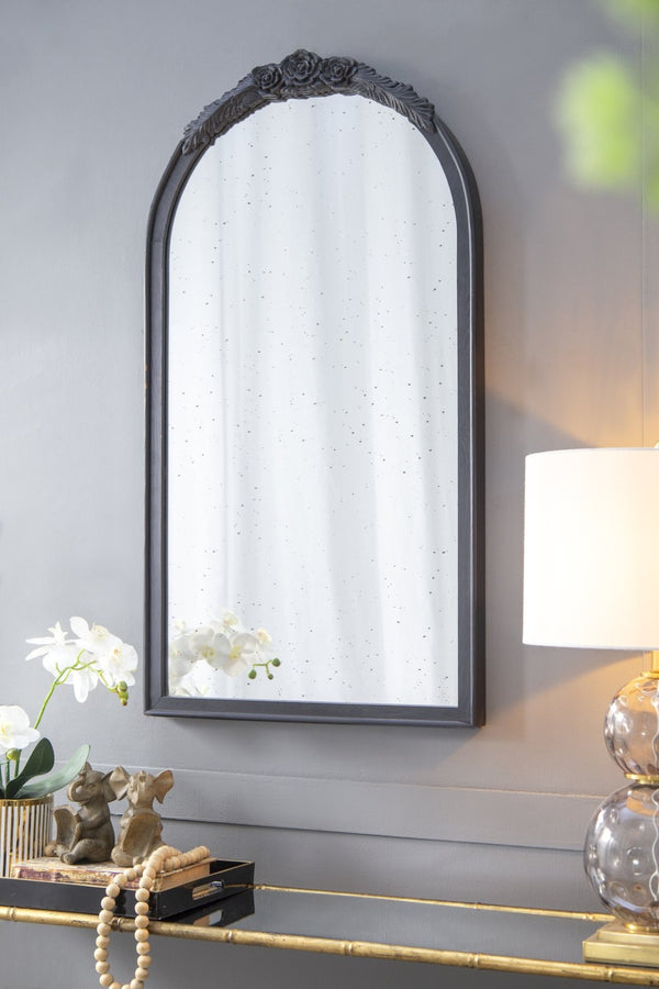 English Elm 23" Arched Wood Wall Mirror Hand Carved Rose Detail Antiqued Glass Entryway Accent Black W2078126746