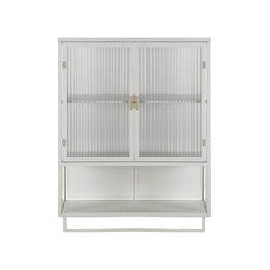 English Elm 23.62"Glass Modern Two-Door Wall Cabinet with Fluted Tempered Glass, Open Shelf, Towel Rack, White, Sleek Storage W757119332