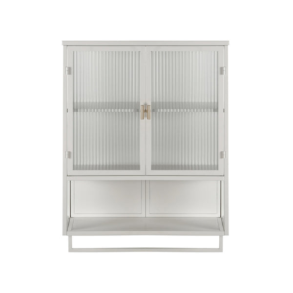 English Elm 23.62"Glass Modern Two-Door Wall Cabinet with Fluted Tempered Glass, Open Shelf, Towel Rack, White, Sleek Storage W757119332