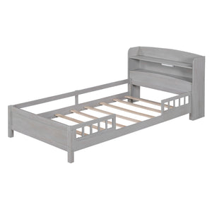 English Elm Wood Twin Platform Bed with LED Headboard Light, Built-In Storage Shelves and Safety Guardrail 93 Antique Gray WF308150AAE