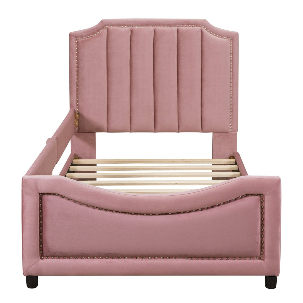 English Elm Twin Upholstered Daybed with Classic Stripe Headboard, Velvet Pine Frame, Mid-Century Splayed Legs Resting Elegance Pink WF308905AAH