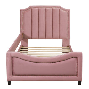 English Elm Twin Upholstered Daybed with Classic Stripe Headboard, Velvet Pine Frame, Mid-Century Splayed Legs Resting Elegance Pink WF308905AAH
