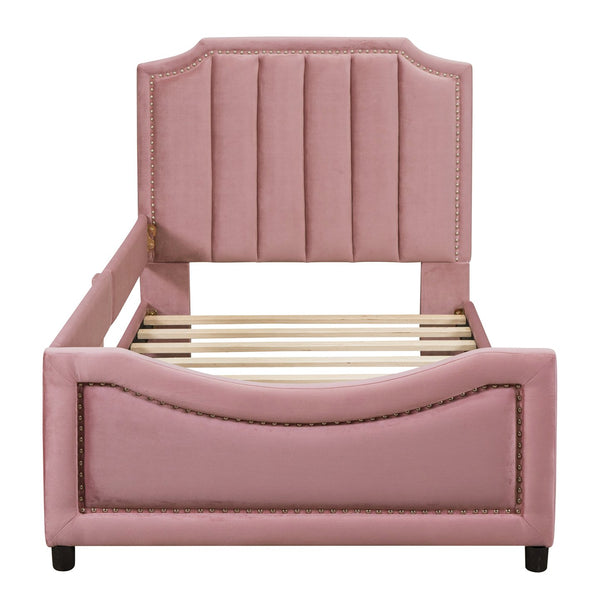 English Elm Twin Upholstered Daybed with Classic Stripe Headboard, Velvet Pine Frame, Mid-Century Splayed Legs Resting Elegance Pink WF308905AAH
