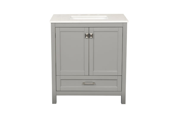 English Elm 30" Freestanding Grey Vanity Solid Wood Cabinet Carrara Marble Top Ceramic Sink W1573P237850