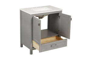 English Elm 30" Freestanding Grey Vanity Solid Wood Cabinet Carrara Marble Top Ceramic Sink W1573P237850