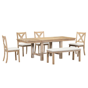 English Elm TOPMAX 82-inch Farmhouse Extendable Dining Set with Two 11" Removable Leaves, Upholstered Seats and Bench Natural N717S000023N