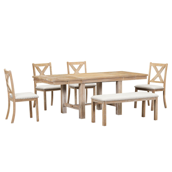 English Elm TOPMAX 82-inch Farmhouse Extendable Dining Set with Two 11" Removable Leaves, Upholstered Seats and Bench Natural N717S000023N