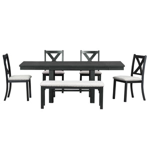 English Elm TOPMAX 82-inch Farmhouse Extendable Dining Set with Two 11" Removable Leaves, Upholstered Seats and Bench Black N717S000023B