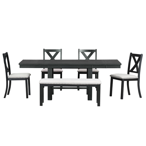 English Elm TOPMAX 82-inch Farmhouse Extendable Dining Set with Two 11" Removable Leaves, Upholstered Seats and Bench Black N717S000023B
