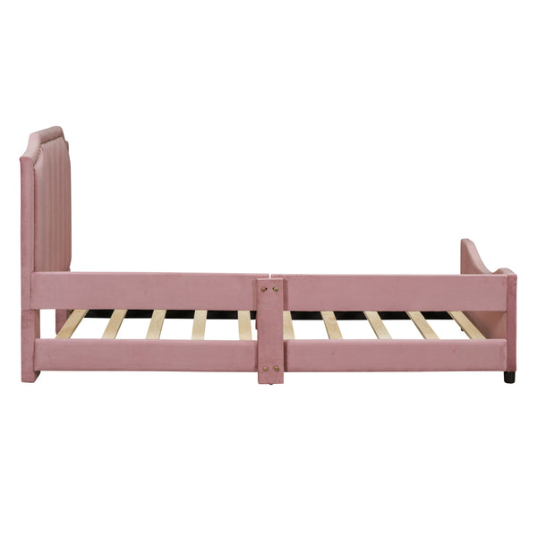 English Elm Twin Upholstered Daybed with Classic Stripe Headboard, Velvet Pine Frame, Mid-Century Splayed Legs Resting Elegance Pink WF308905AAH