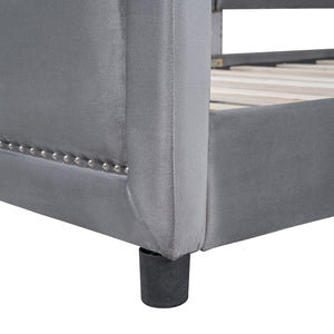 English Elm Twin Upholstered Daybed with Classic Stripe Headboard, Velvet Pine Frame, Mid-Century Splayed Legs Resting Elegance Gray WF308905AAE