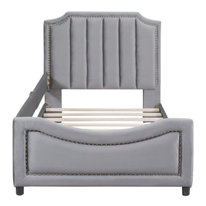 English Elm Twin Upholstered Daybed with Classic Stripe Headboard, Velvet Pine Frame, Mid-Century Splayed Legs Resting Elegance Gray WF308905AAE