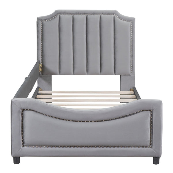 English Elm Twin Upholstered Daybed with Classic Stripe Headboard, Velvet Pine Frame, Mid-Century Splayed Legs Resting Elegance Gray WF308905AAE