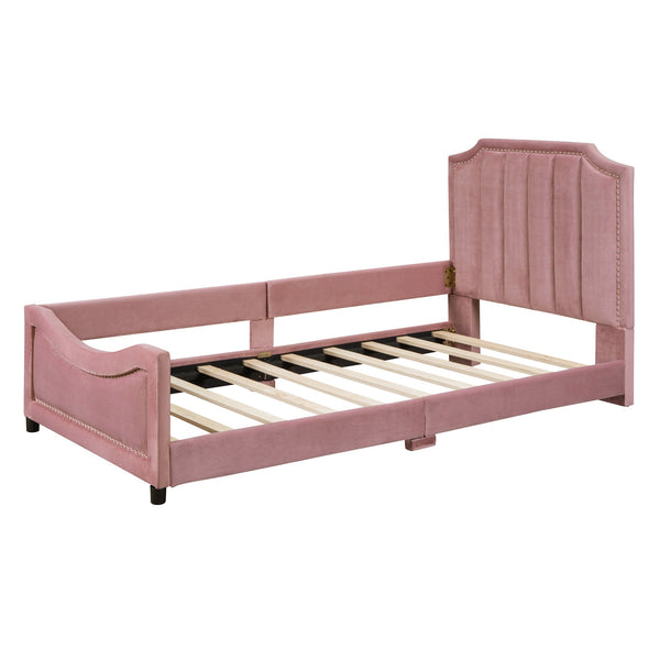 English Elm Twin Upholstered Daybed with Classic Stripe Headboard, Velvet Pine Frame, Mid-Century Splayed Legs Resting Elegance Pink WF308905AAH