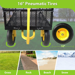 English Elm Steel Heavy Duty Garden Wagon Flatbed Utility Cart with Pneumatic Tires and Mesh Sides W1422112806