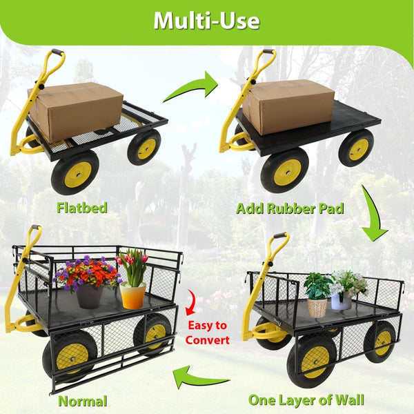 English Elm Steel Heavy Duty Garden Wagon Flatbed Utility Cart with Pneumatic Tires and Mesh Sides W1422112806