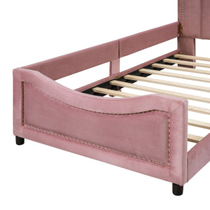 English Elm Twin Upholstered Daybed with Classic Stripe Headboard, Velvet Pine Frame, Mid-Century Splayed Legs Resting Elegance Pink WF308905AAH