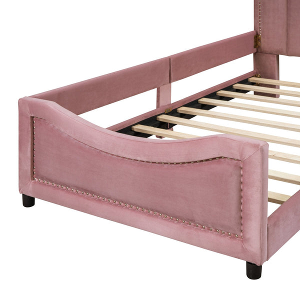 English Elm Twin Upholstered Daybed with Classic Stripe Headboard, Velvet Pine Frame, Mid-Century Splayed Legs Resting Elegance Pink WF308905AAH