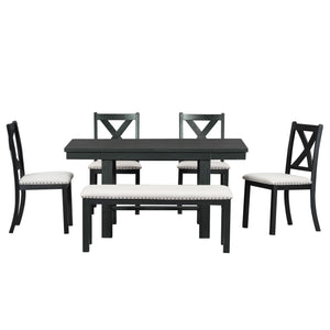 English Elm TOPMAX 82-inch Farmhouse Extendable Dining Set with Two 11" Removable Leaves, Upholstered Seats and Bench Black N717S000023B