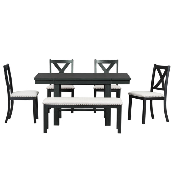 English Elm TOPMAX 82-inch Farmhouse Extendable Dining Set with Two 11" Removable Leaves, Upholstered Seats and Bench Black N717S000023B
