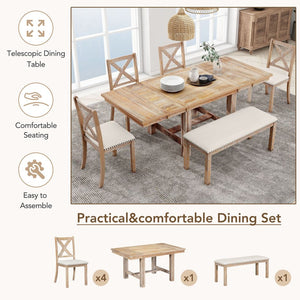 English Elm TOPMAX 82-inch Farmhouse Extendable Dining Set with Two 11" Removable Leaves, Upholstered Seats and Bench Natural N717S000023N